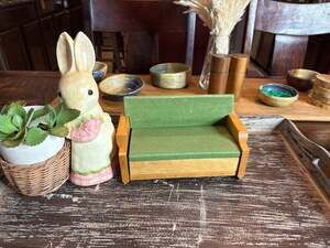 Vintage Strombecker Wooden Sofa Bed with Green Flocked Upholstery Dollhouse Furn